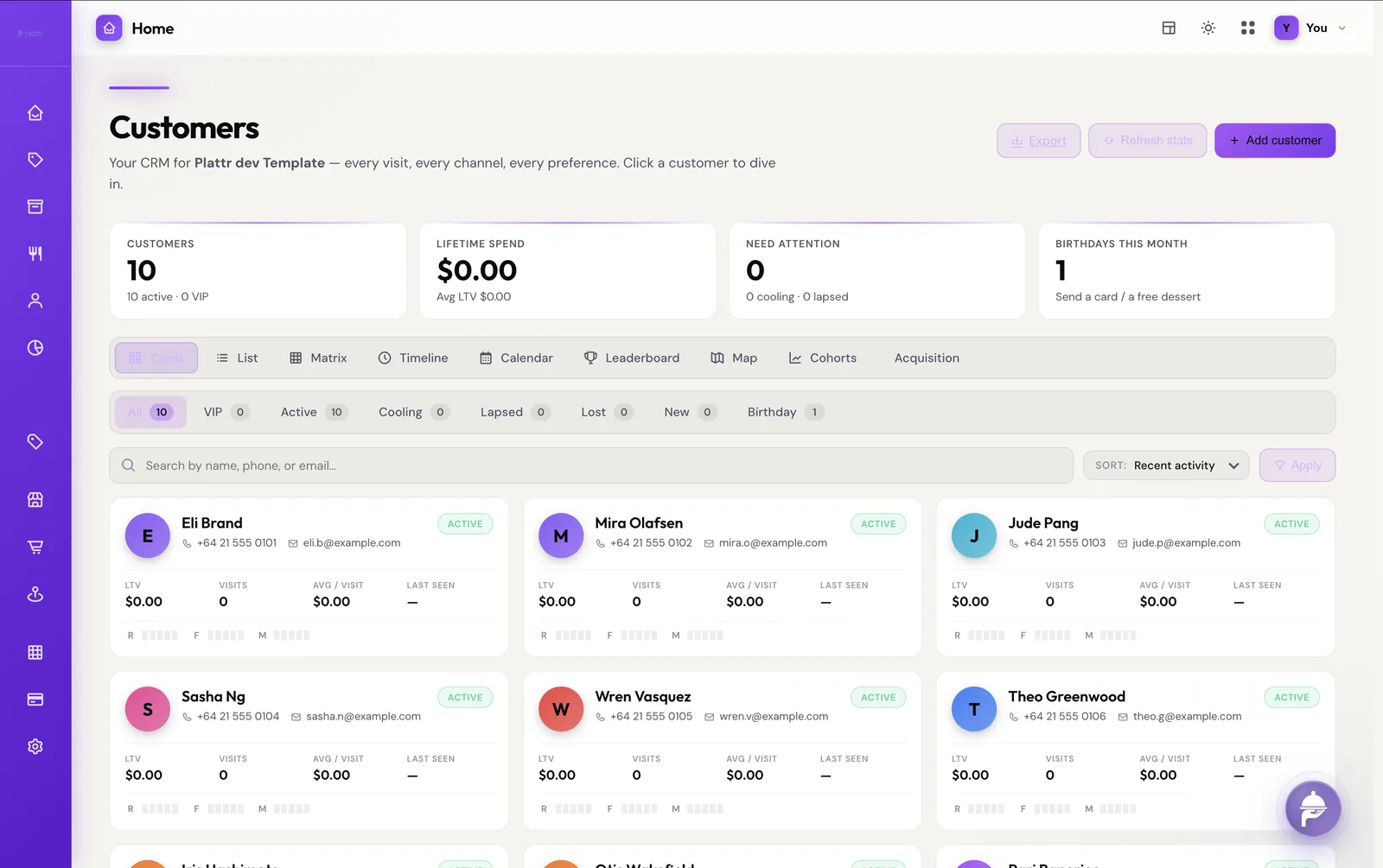 Plattr dashboard — customers