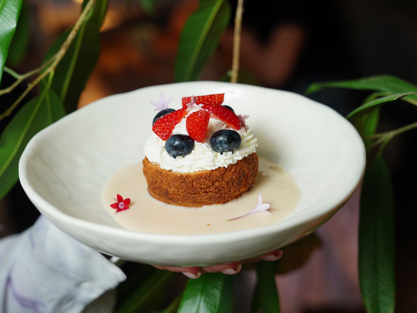 A small cheesecake topped with whipped cream, strawberries, blueberries and edible flowers in a bowl