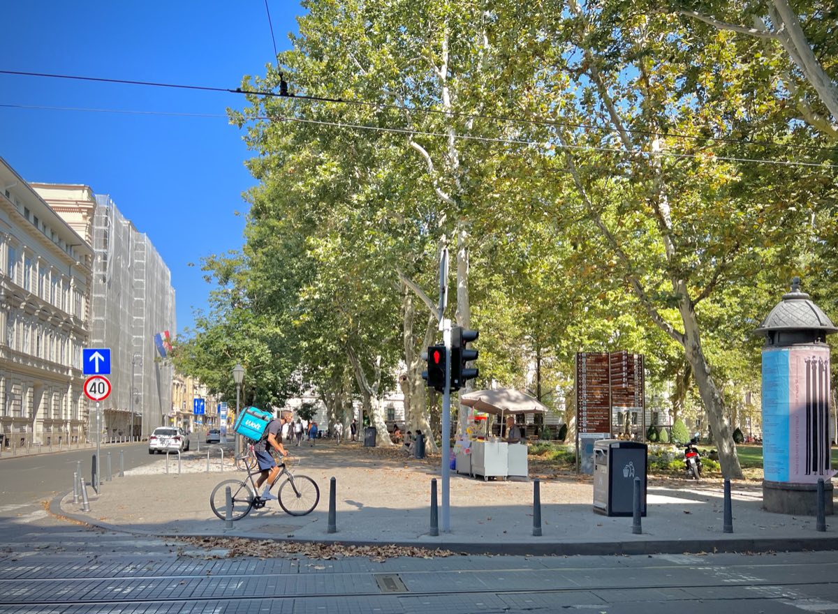 A food delivery courier rides a bicycle with an insulated delivery bag on his back through a tree-lined city street.