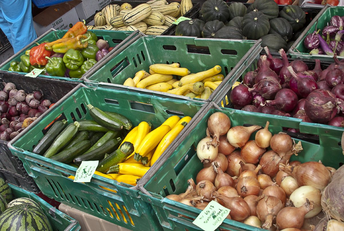 Plastic crates filled with peppers, squash, zucchini, onions, and eggplant at a farmers market stall