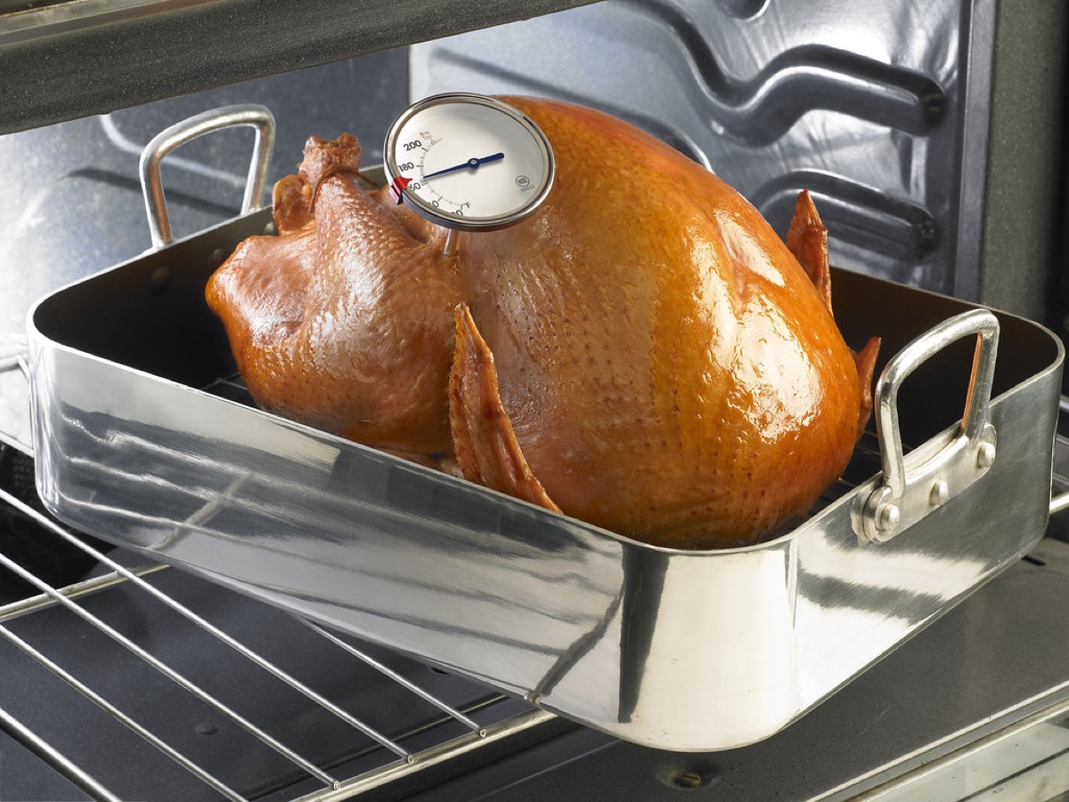 A roast turkey in a stainless steel roasting pan inside an oven with a dial meat thermometer inserted into the breast