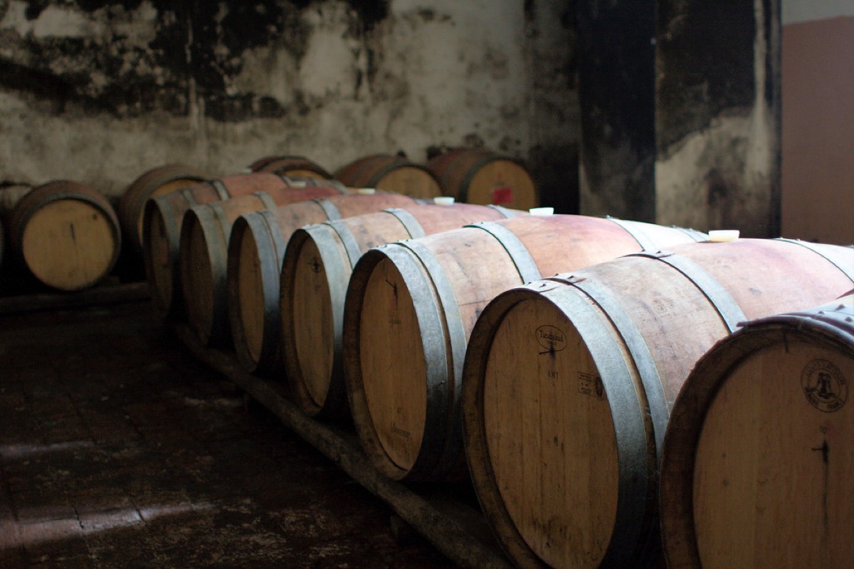 Rows of oak wine barrels resting on rails in a winery cellar with weathered stone walls